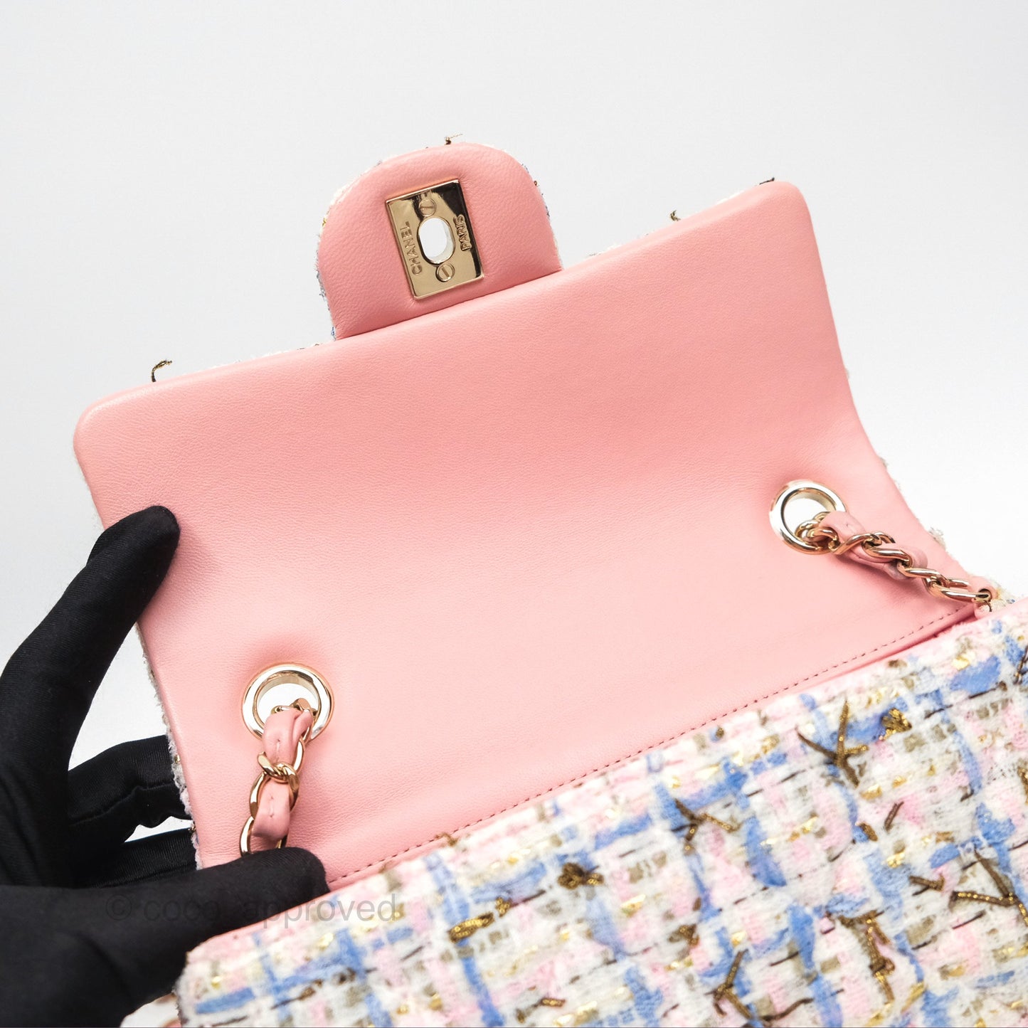 Chanel Mini Rectangular Flap Pink/ Blue/ Gold Tweed Gold Hardware