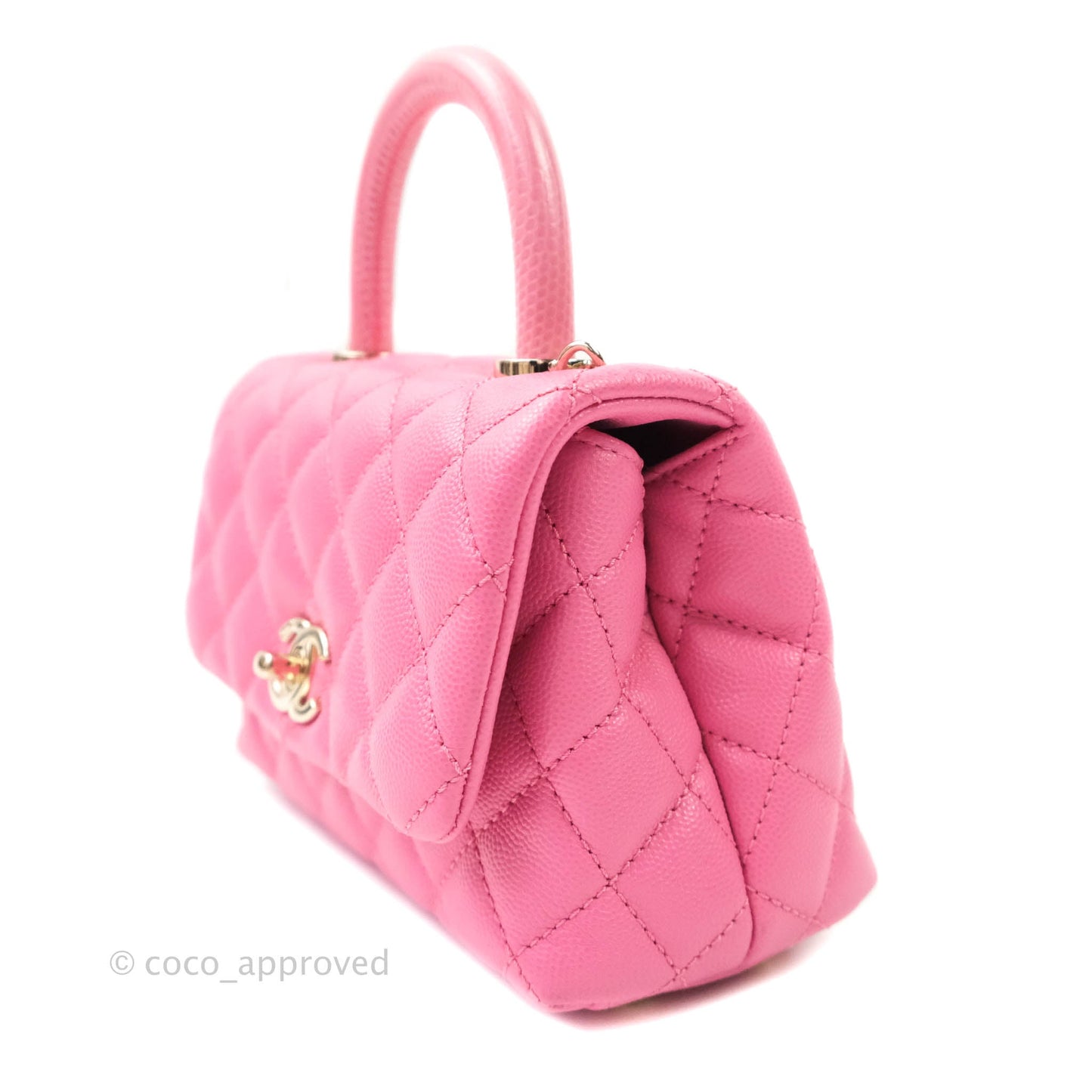 Chanel Extra Mini Coco Handle Quilted Pink Caviar Lizard Embossed Handle Gold Hardware