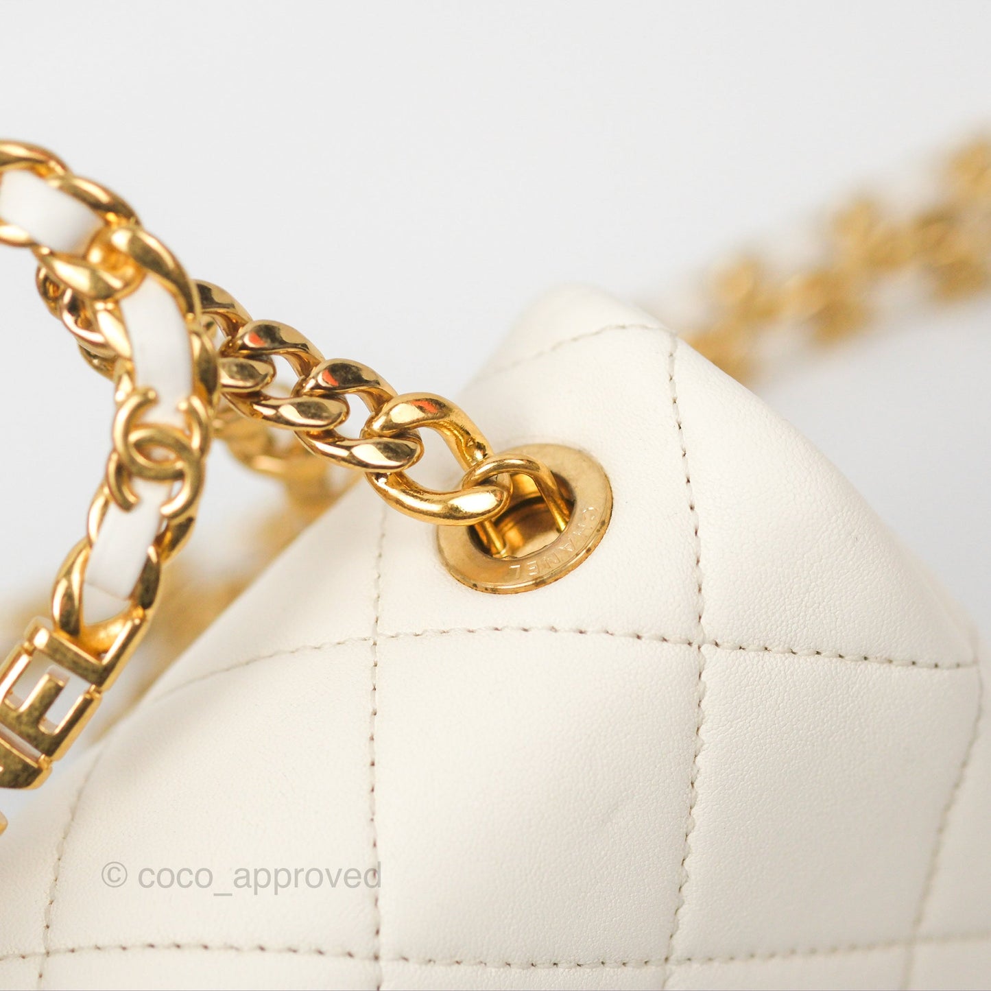 Chanel Quilted Flap Bag With Chanel Logo Top Handle White Calfskin Gold Hardware