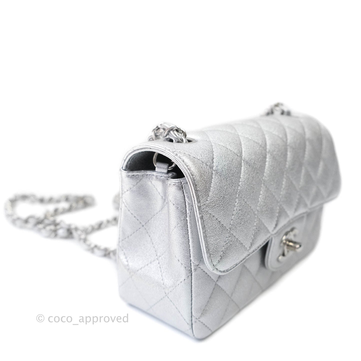 Chanel Quilted Mini Rectangular Flap Metallic Silver Lambskin Silver Hardware