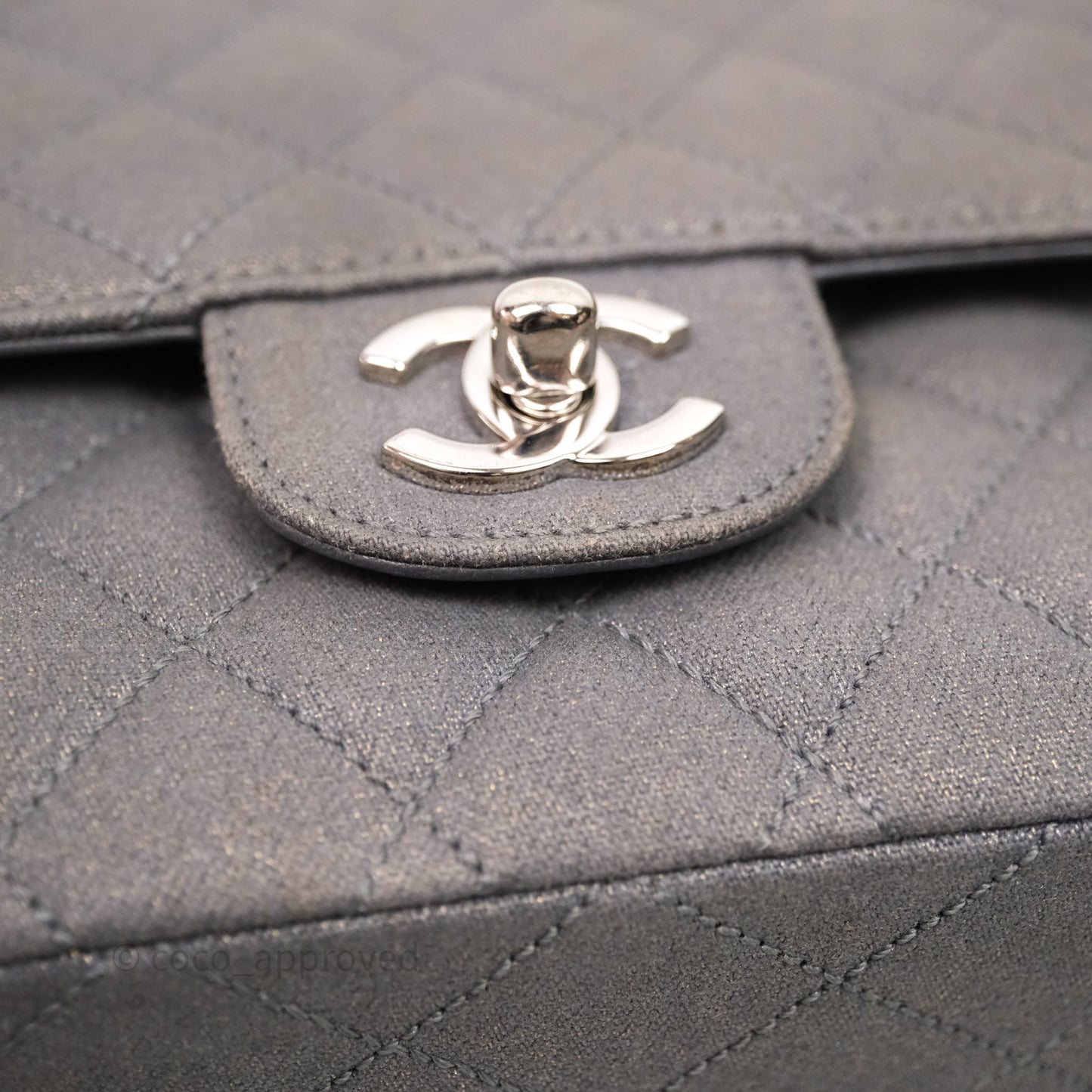 Chanel Classic M/L Medium Flap Quilted Iridescent Metallic Grey Canvas Silver Hardware