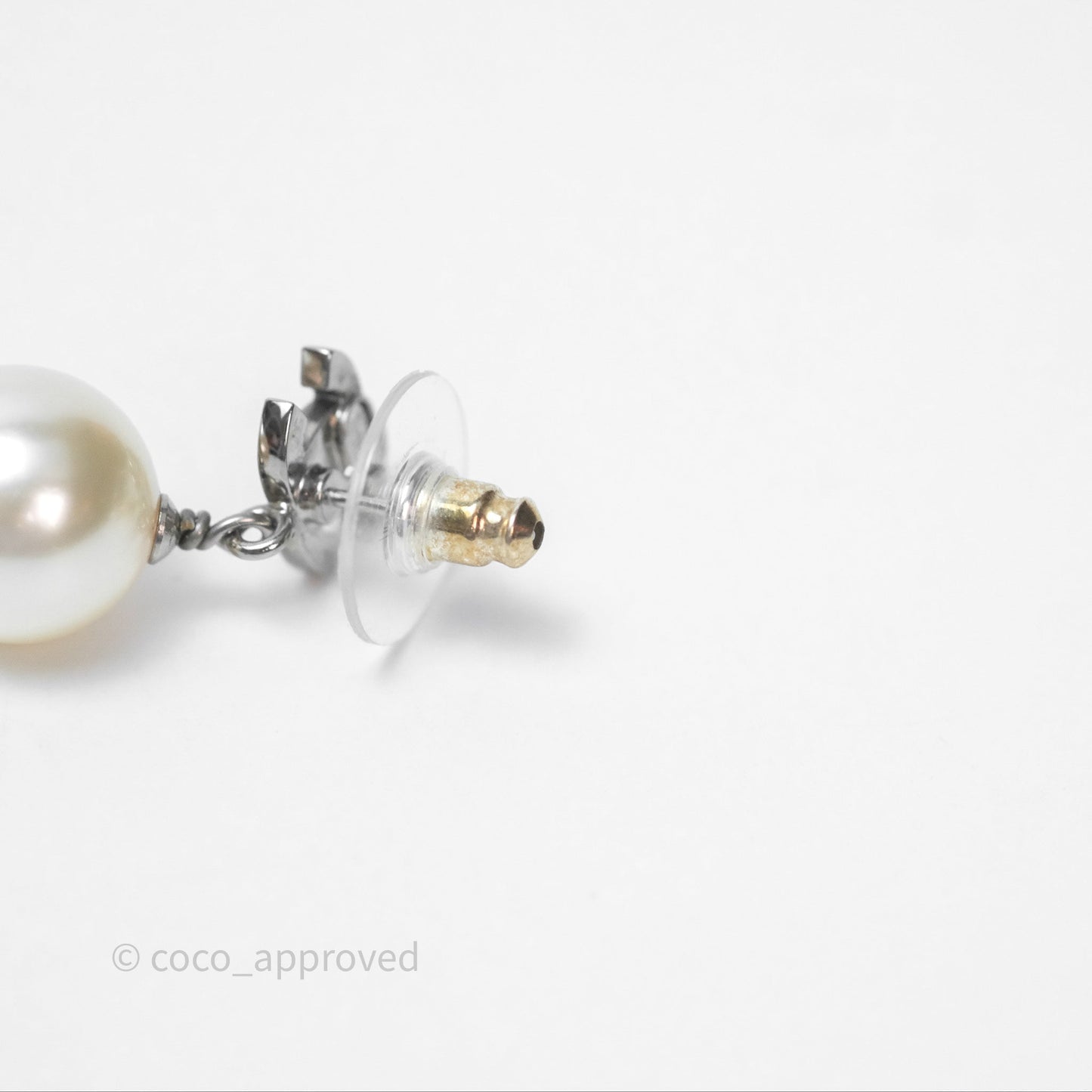 Chanel CC Crystal Pearl Drop Earrings Silver Tone 24V