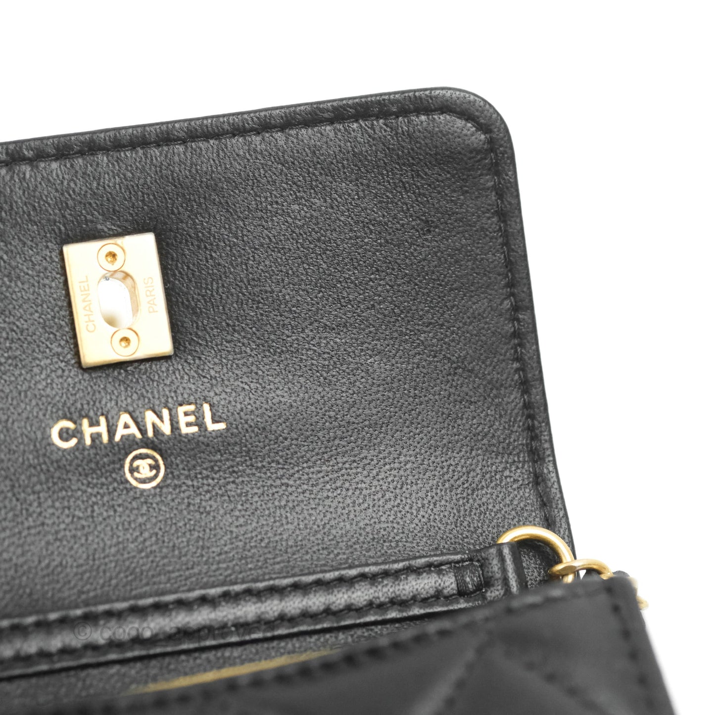 Chanel Pearl Crush Mini Clutch With Chain Black Lambskin Aged Gold Hardware