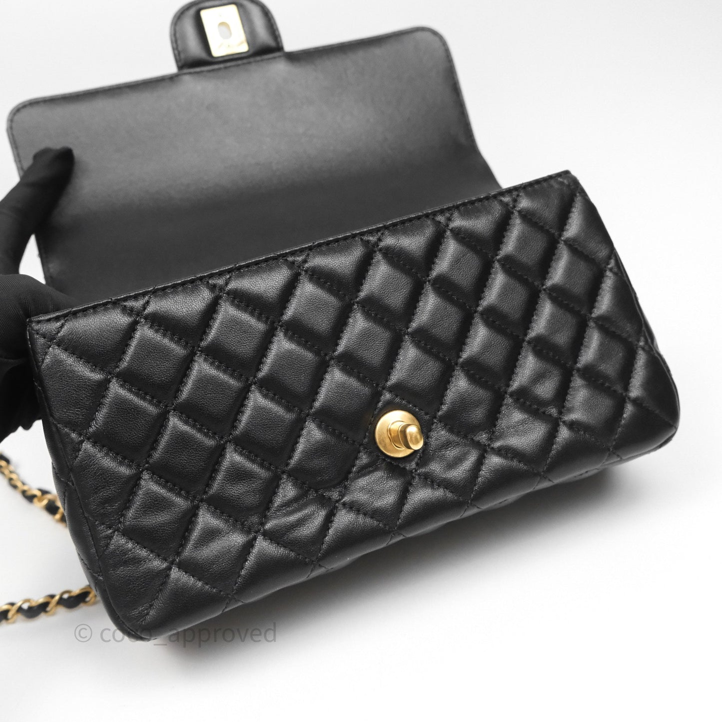Chanel Logo Top Handle Small Flap Bag Black Lambskin Gold Hardware 24C