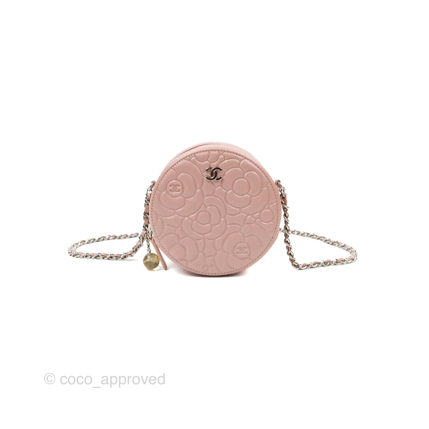 Chanel Camellia Embossed Round Clutch With Chain Iridescent Light Pink Goatskin Silver Hardware