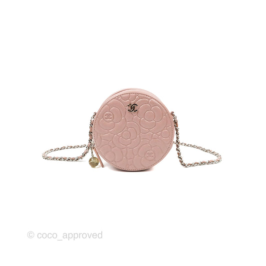 Chanel Camellia Embossed Round Clutch With Chain Iridescent Light Pink Goatskin Silver Hardware