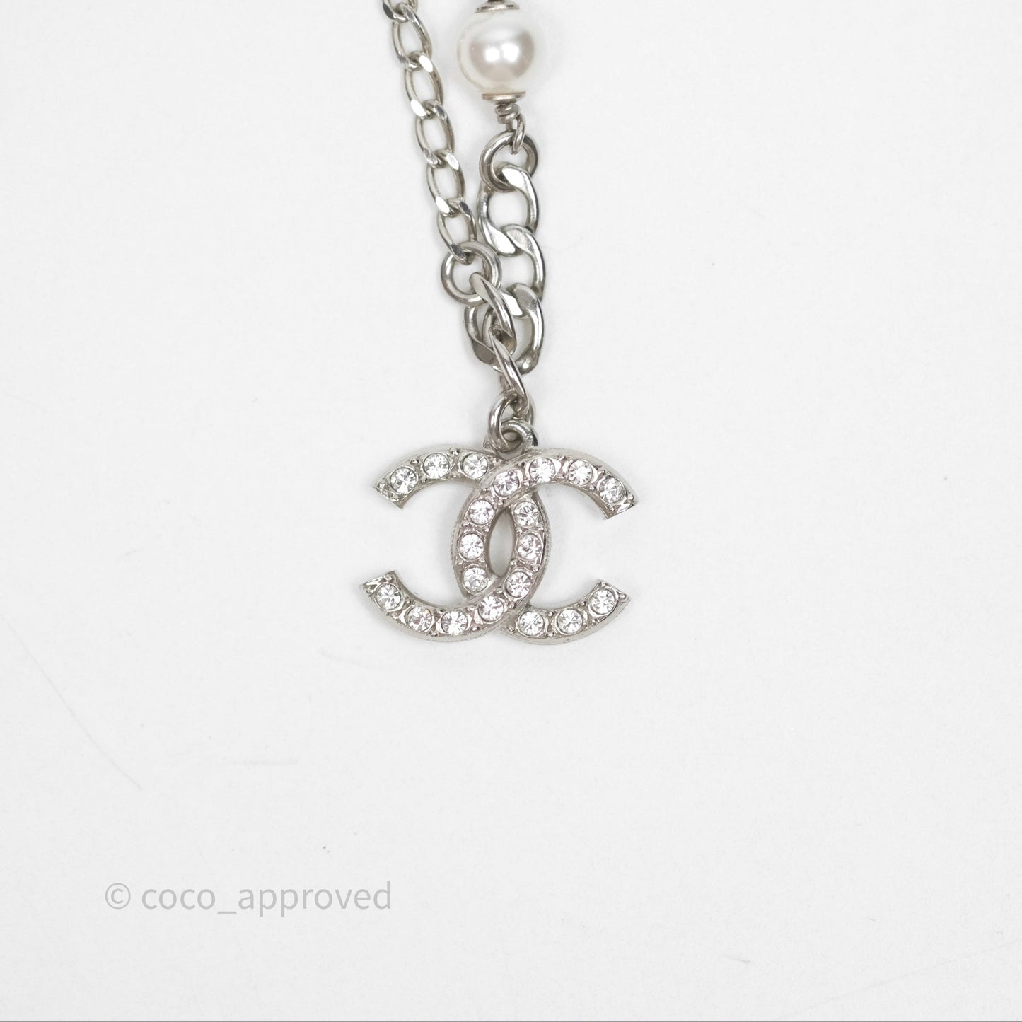 Chanel Crystal CC Pearl Bracelet Silver Tone 21A