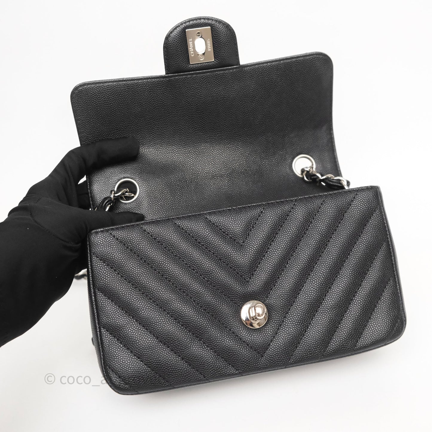 Chanel Mini Rectangular Flap Chevron Black Caviar Silver Hardware
