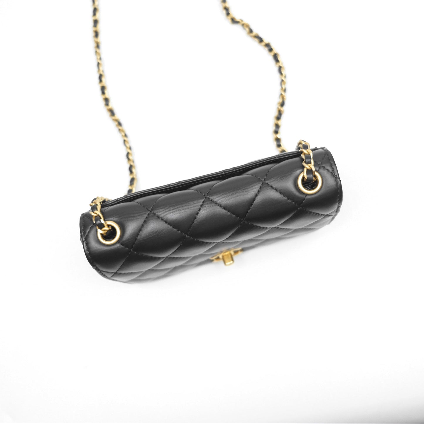 Chanel Quilted Side Chain Flap Bag Black Calfskin Aged Gold Hardware