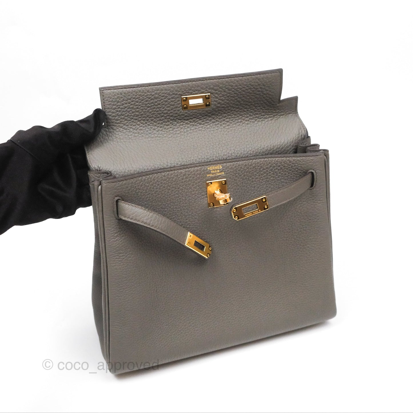 Hermès Kelly 25 Retourne Gris Etain 8F Togo Gold Hardware