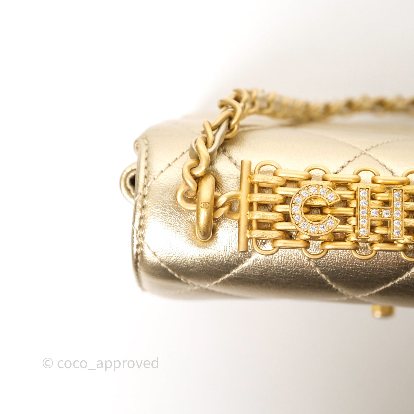 Chanel Mini Crystal Logo Handle Flap Bag Metallic Gold Lambskin 22S