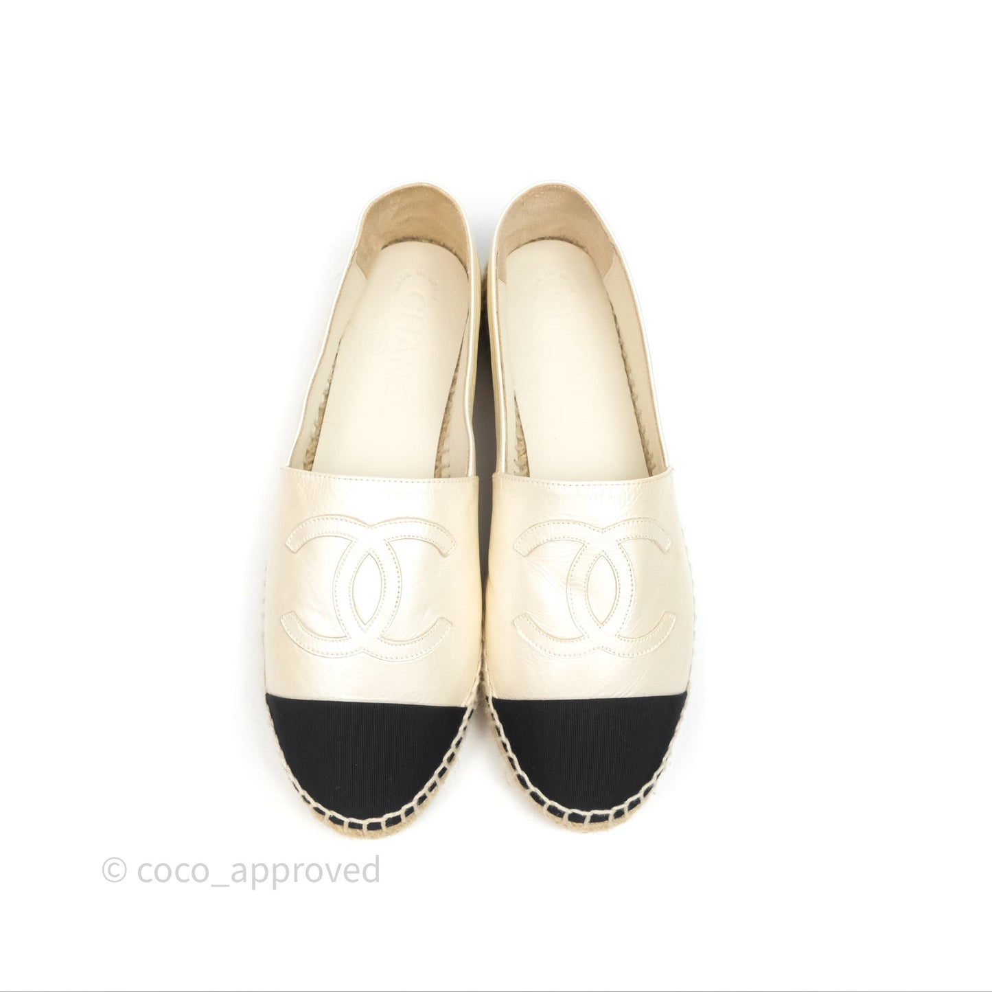 Chanel CC Espadrilles Pearly Ivory Black Leather Size 37