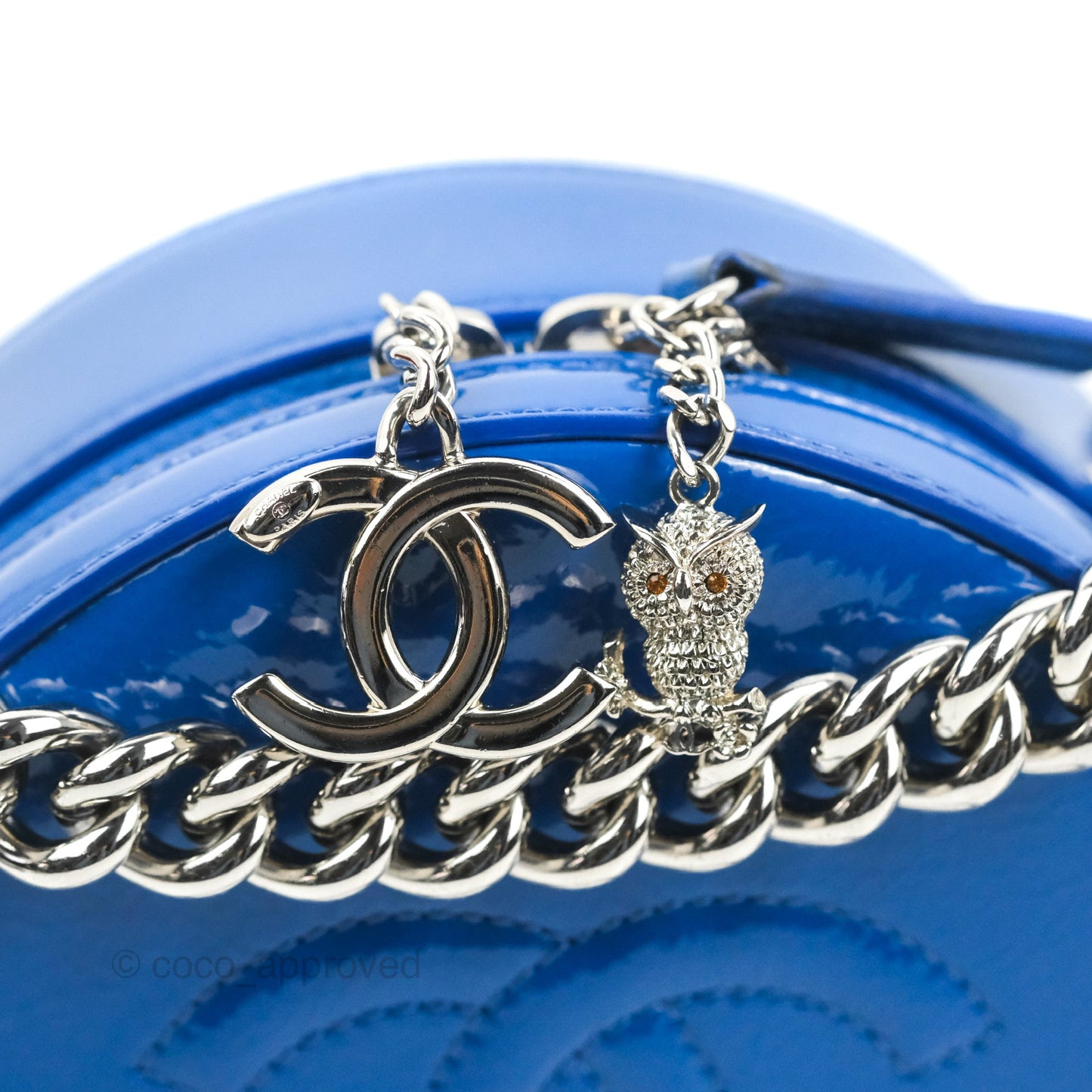 Chanel Round As Earth Bag with Owl Charm Blue Patent Silver Hardware