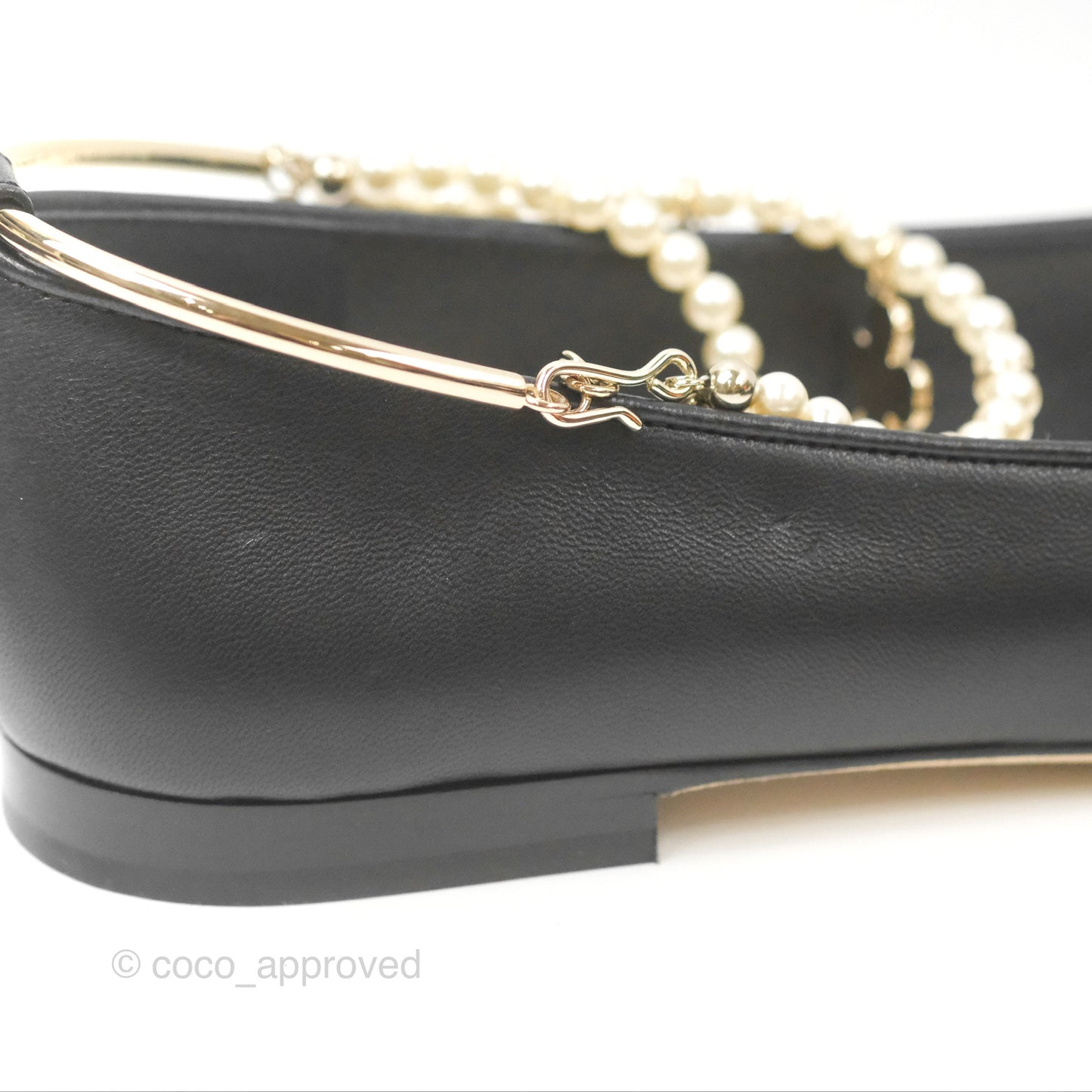 Chanel Ankle Double Pearl Pendant Flat Ballerinas Black Lambskin Size 37