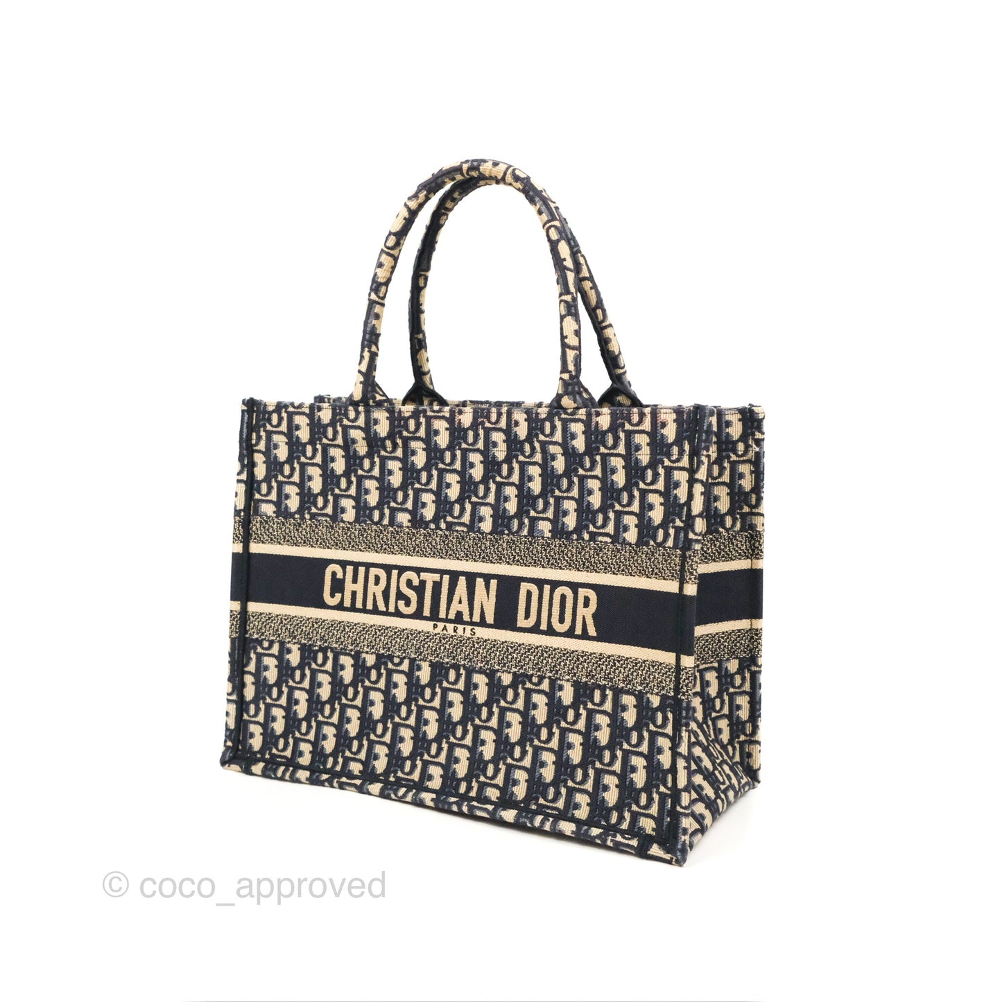 Christian Dior Medium (Old Small) Dior Navy Oblique Embroidery Canvas Book Tote