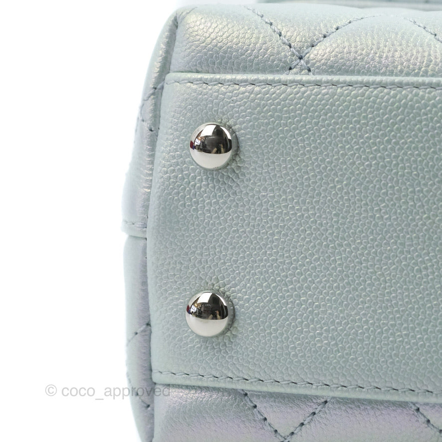 Chanel Small Coco Handle Quilted Iridescent Light Blue Caviar Rainbow Hardware