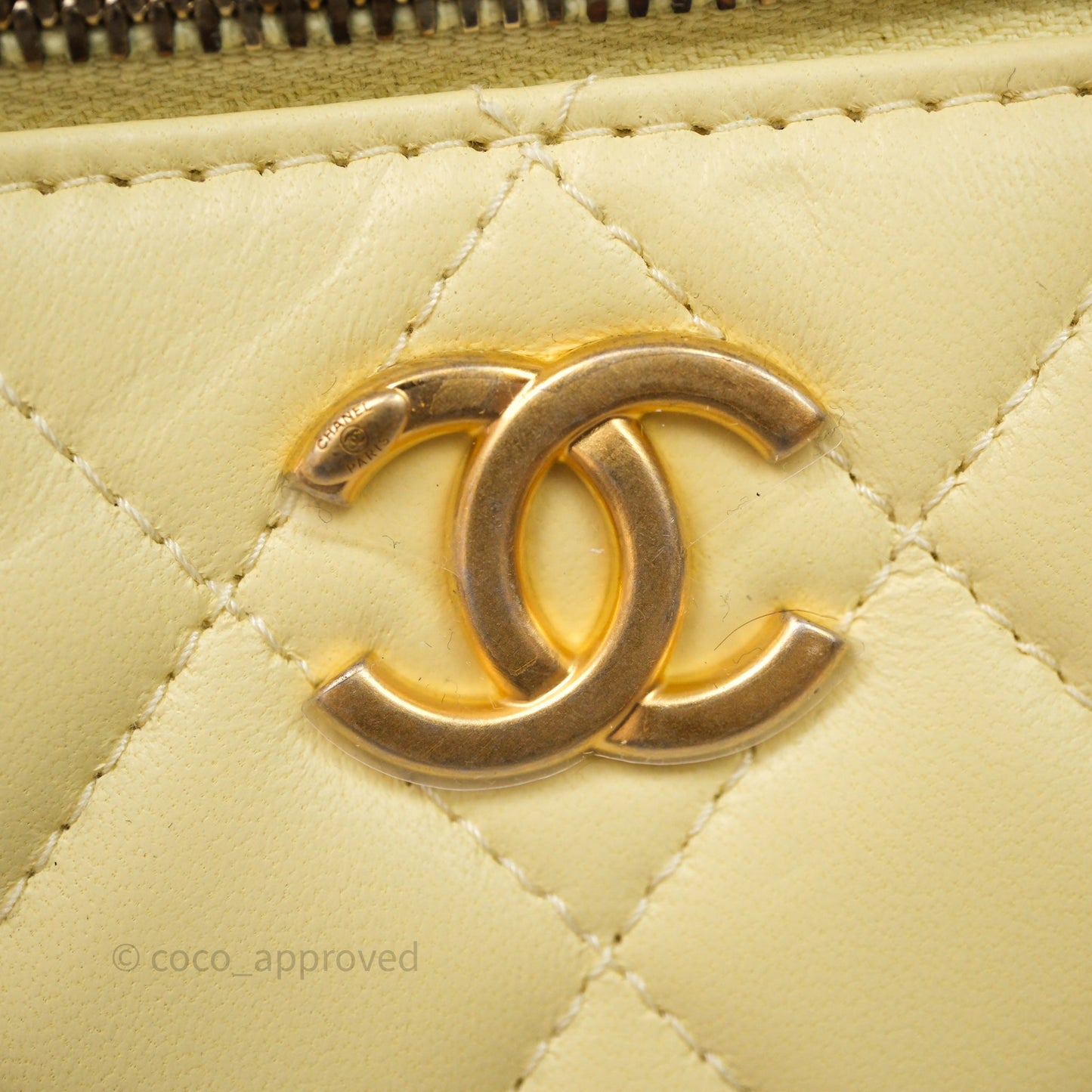 Chanel Quilted Vanity Rectangular with Camellia Adjustable Chain Yellow Lambskin