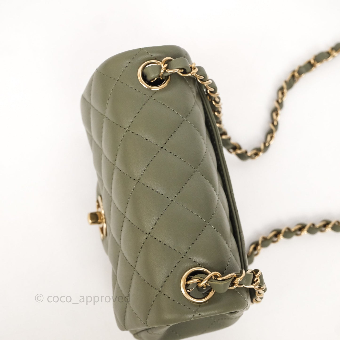 Chanel Quilted Mini Square Olive Green Lambskin Gold Hardware