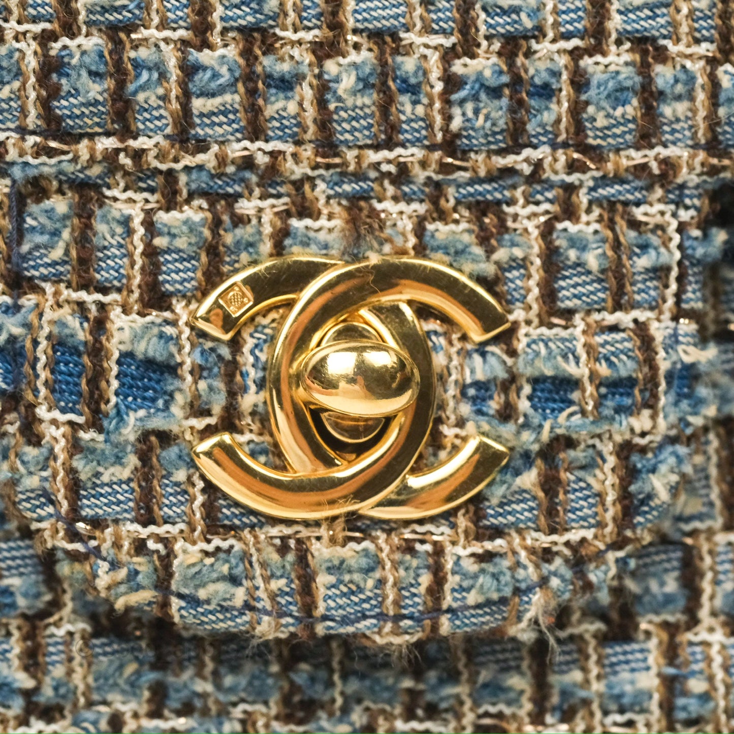 Chanel East West Chocolate Bar Flap Bag Grey Blue Tweed 24K Gold Hardware