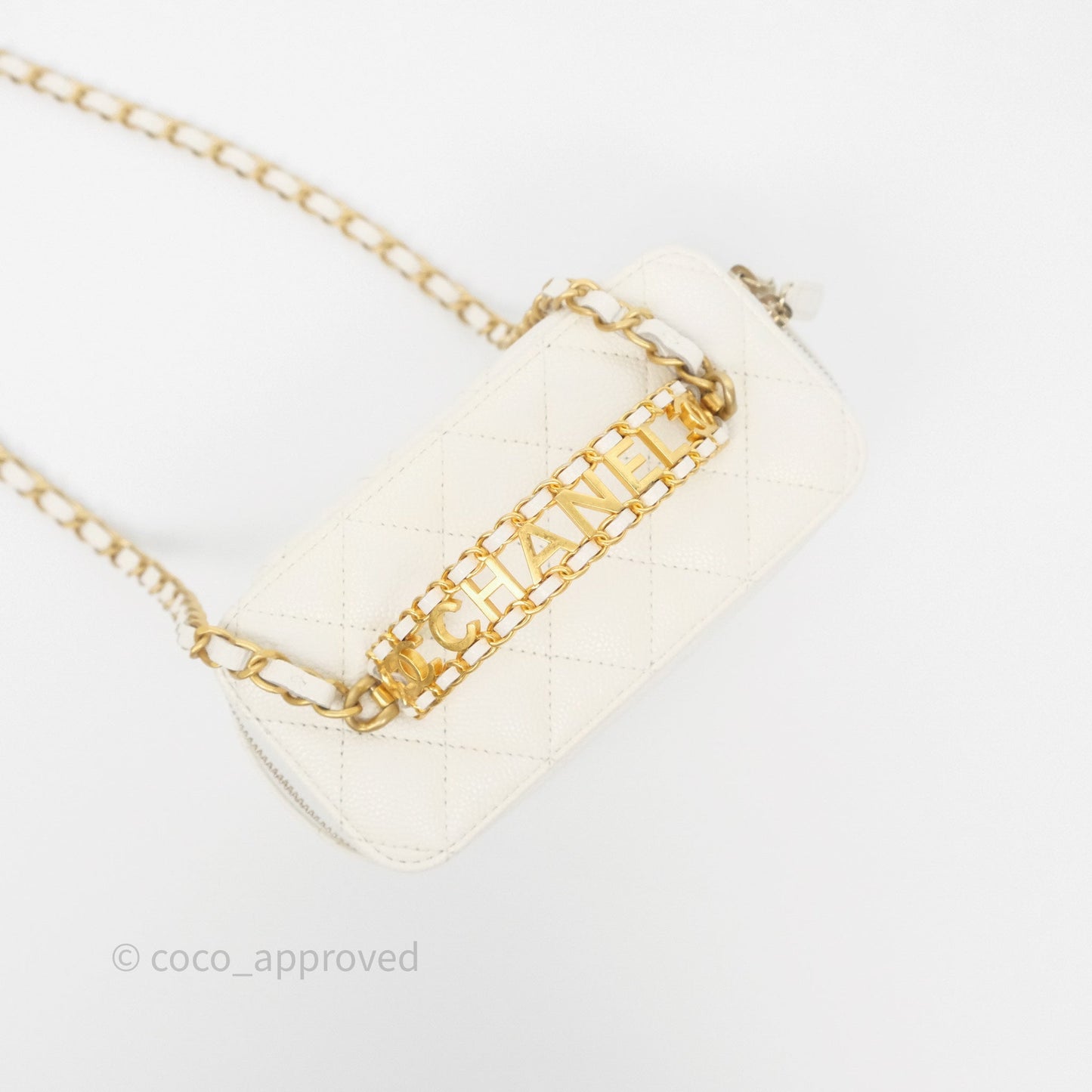 Chanel Logo Top Handle Vanity Rectangular White Caviar Aged Gold Hardware