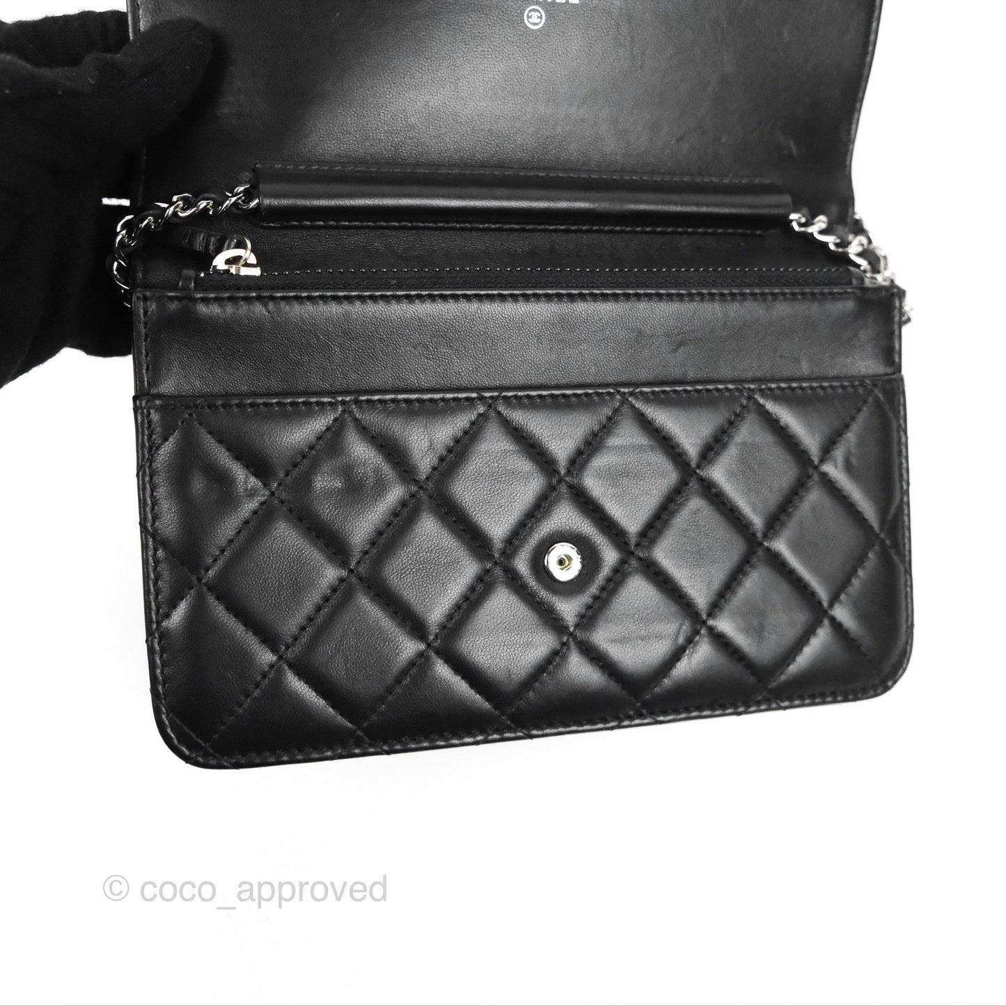 Chanel Quilted Classic Wallet On Chain WOC Black Lambskin Silver Hardware