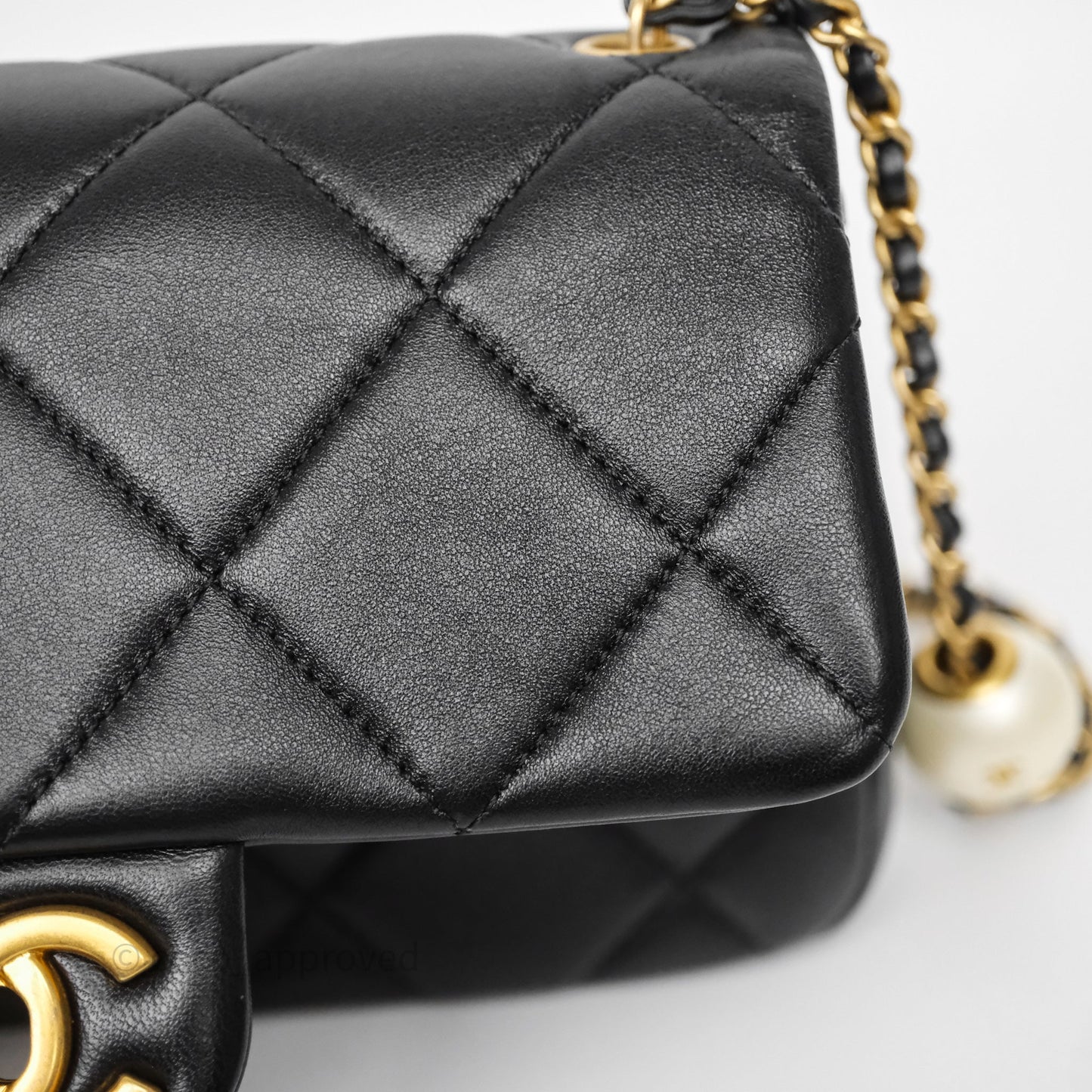 Chanel Quilted Flap Bag with Pearl Chain Black Calfskin Aged Gold Hardware