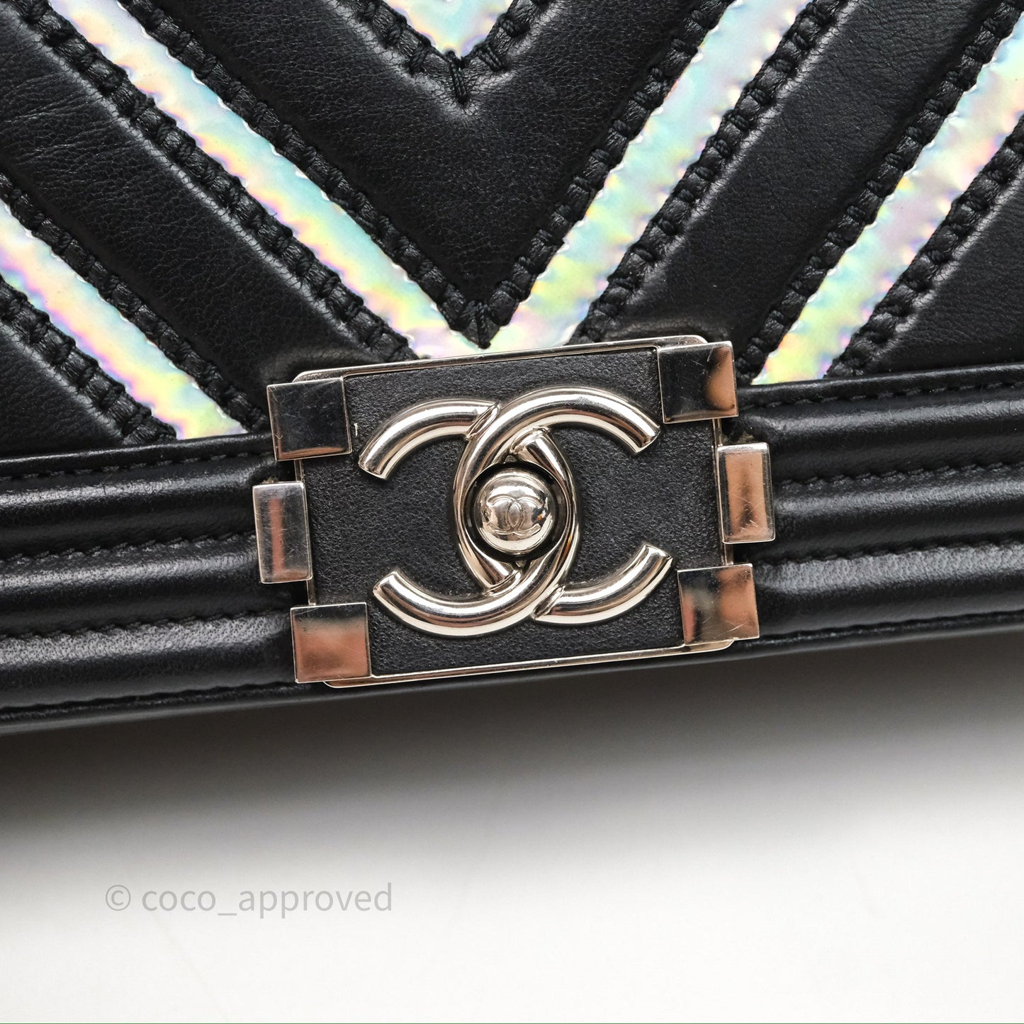 Chanel Medium Boy Chevron Iridescent PVC Lambskin Black Silver Hardware
