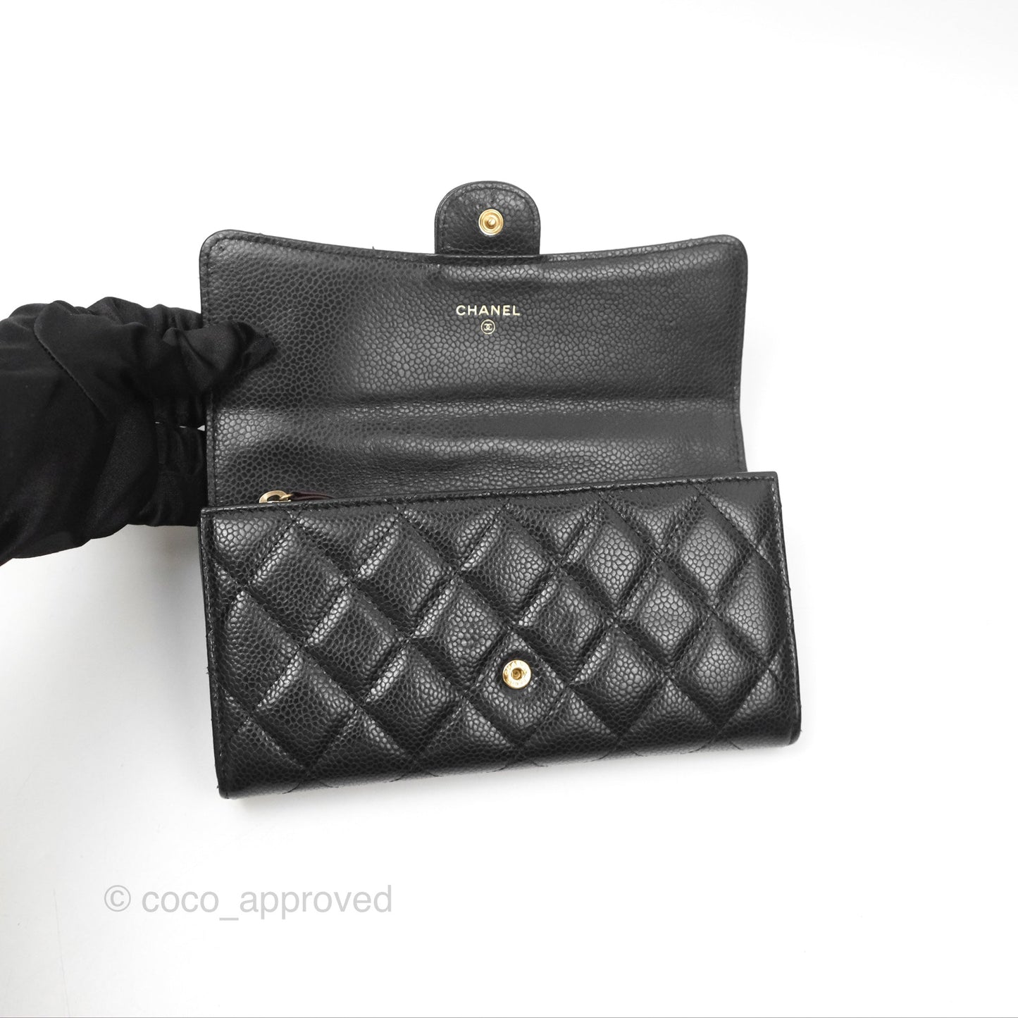 Chanel Classic Quilted Flap Long Wallet Black Caviar Gold Hardware