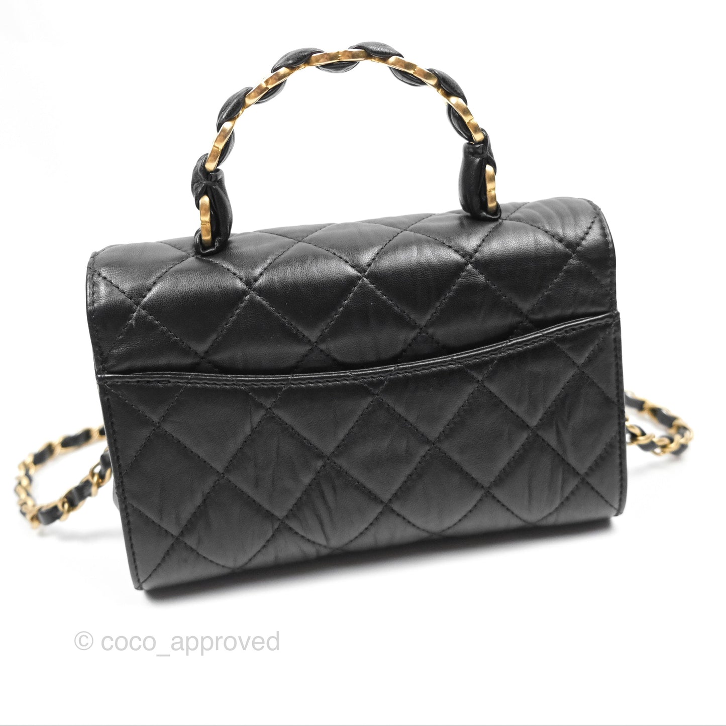 Chanel Mini Wrapped Handle Flap Bag Black Crumpled Lambskin Aged Gold Hardware 21S