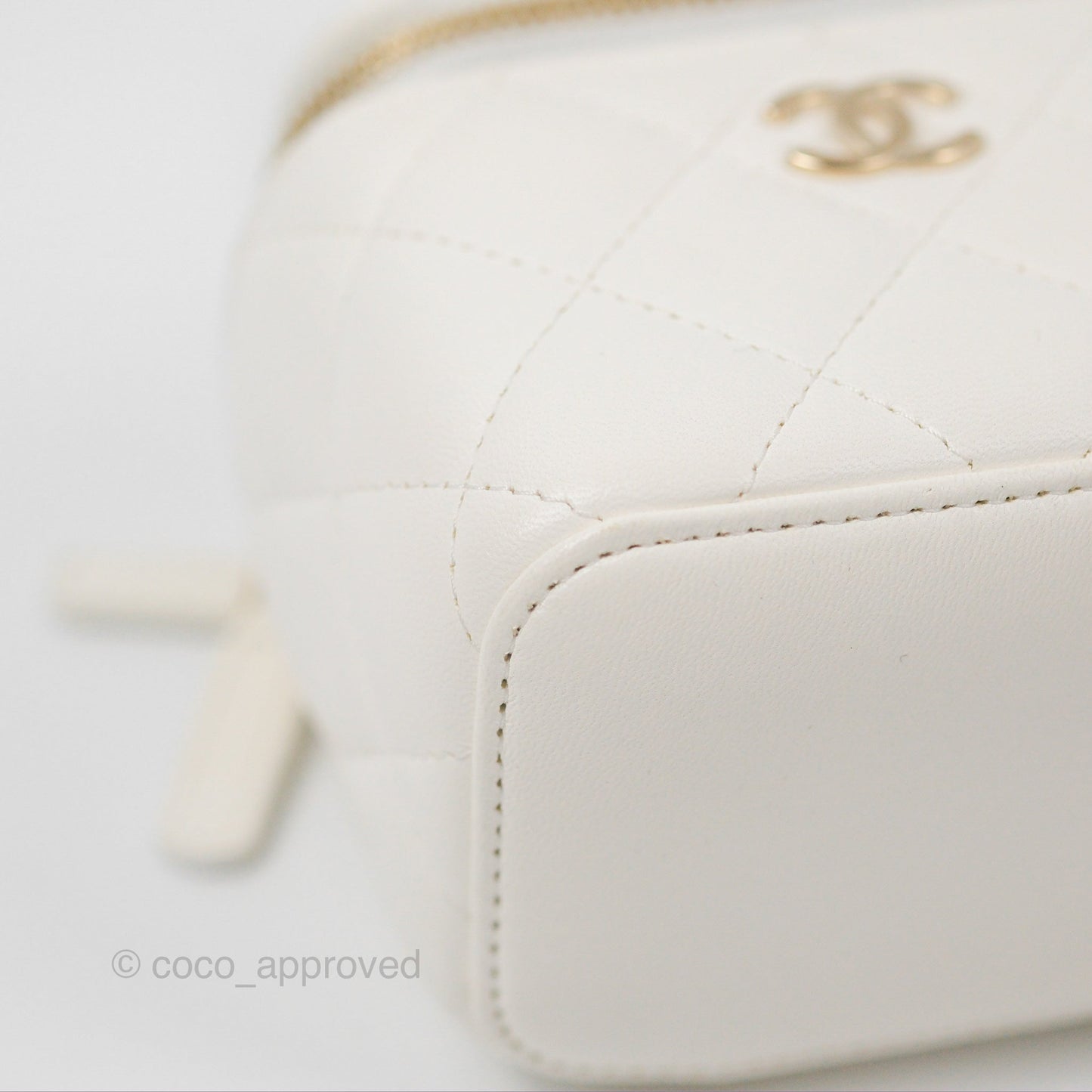 Chanel Camellia White Quilted Lambskin Mini Vanity with Chain Gold Hardware