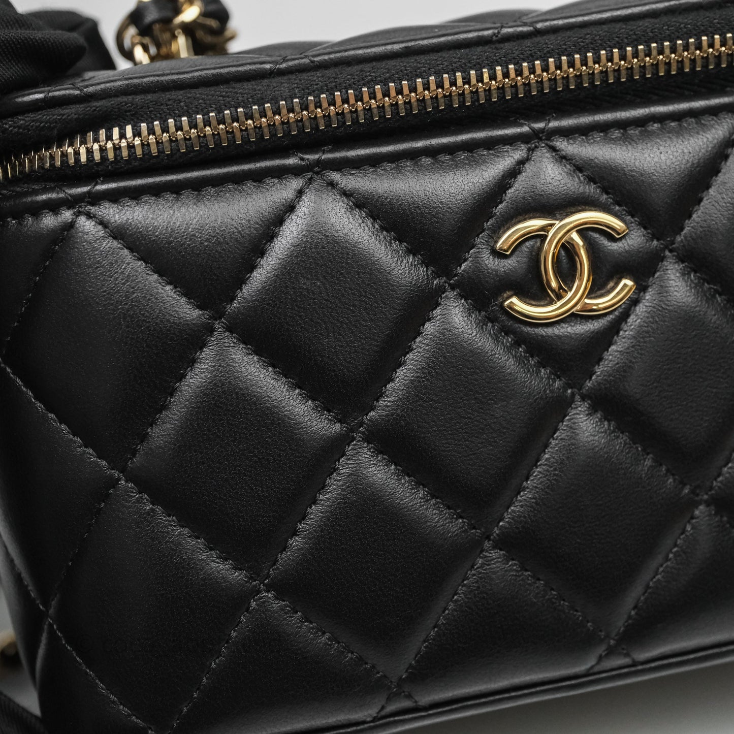 Chanel Vanity Rectangular Top Handle Black Lambskin Light Gold Hardware