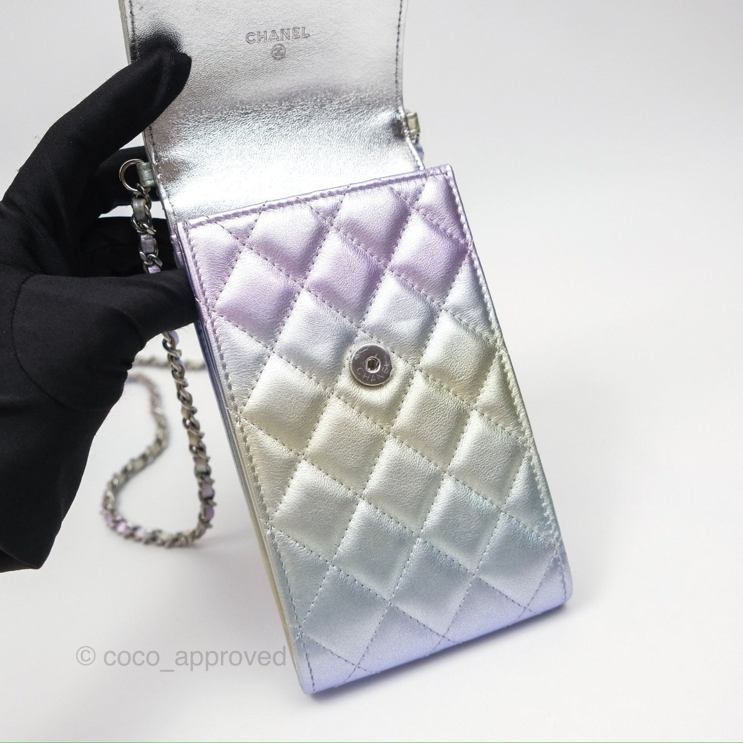Chanel Classic Quilted Phone Holder Iridescent Rainbow Calfskin