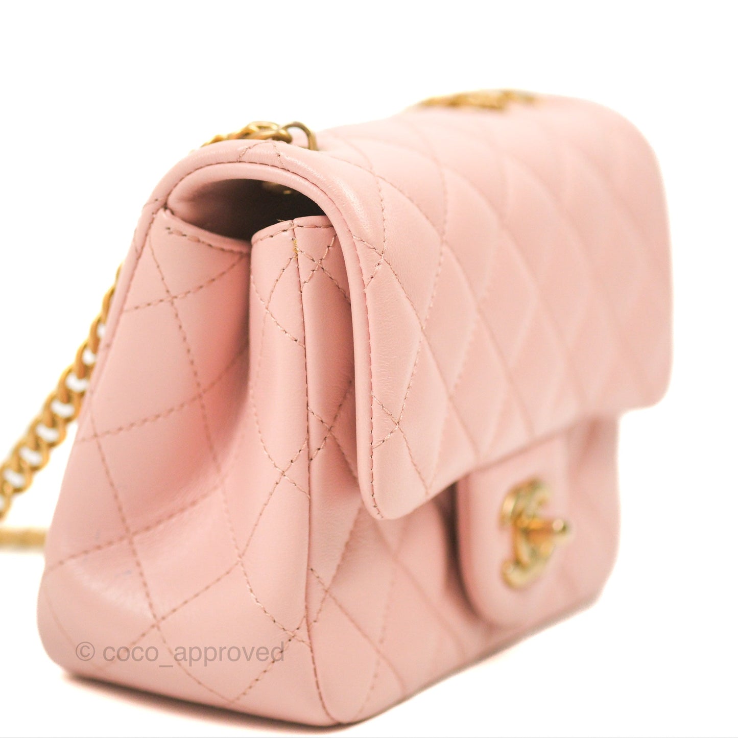 Chanel Quilted Mini Square Flap with Camellia Adjustable Chain Pink Clair Lambskin 23S