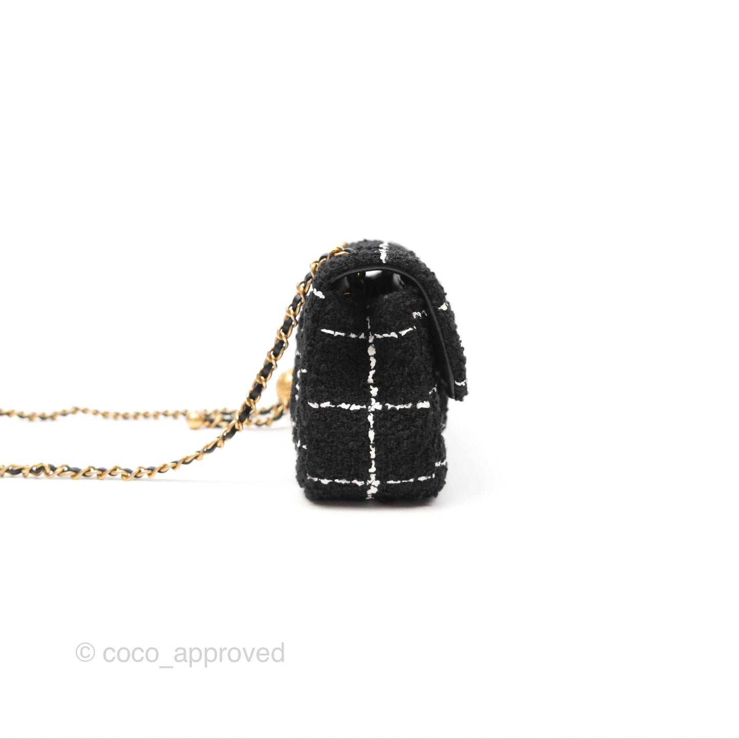 Chanel Mini Rectangular Pearl Crush Tweed Black White Grid Aged Gold Hardware