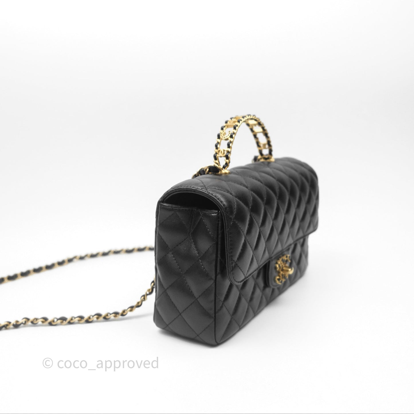 Chanel Logo Top Handle Small Flap Bag Black Lambskin Gold Hardware 24C