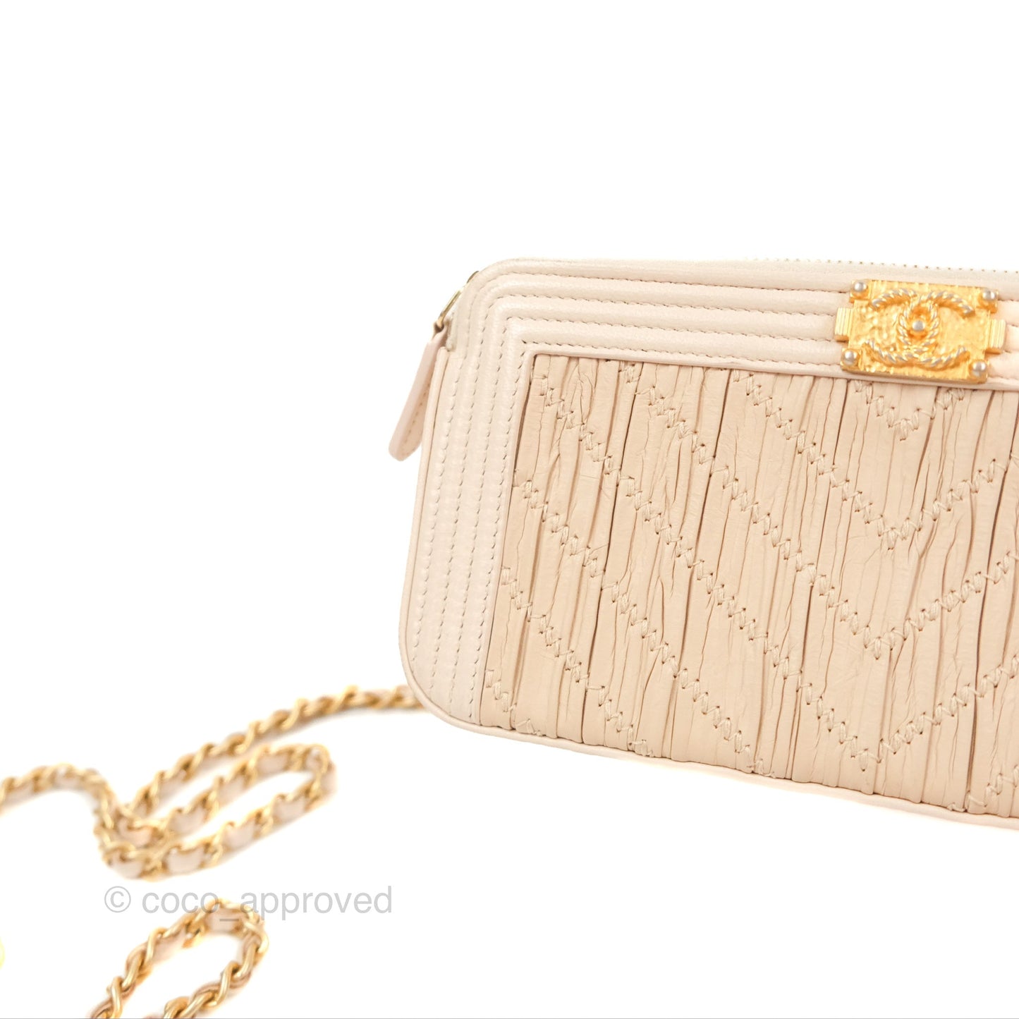 Chanel Boy Double Zip Clutch On Chain Chevron Pale Beige Aged Gold Hardware