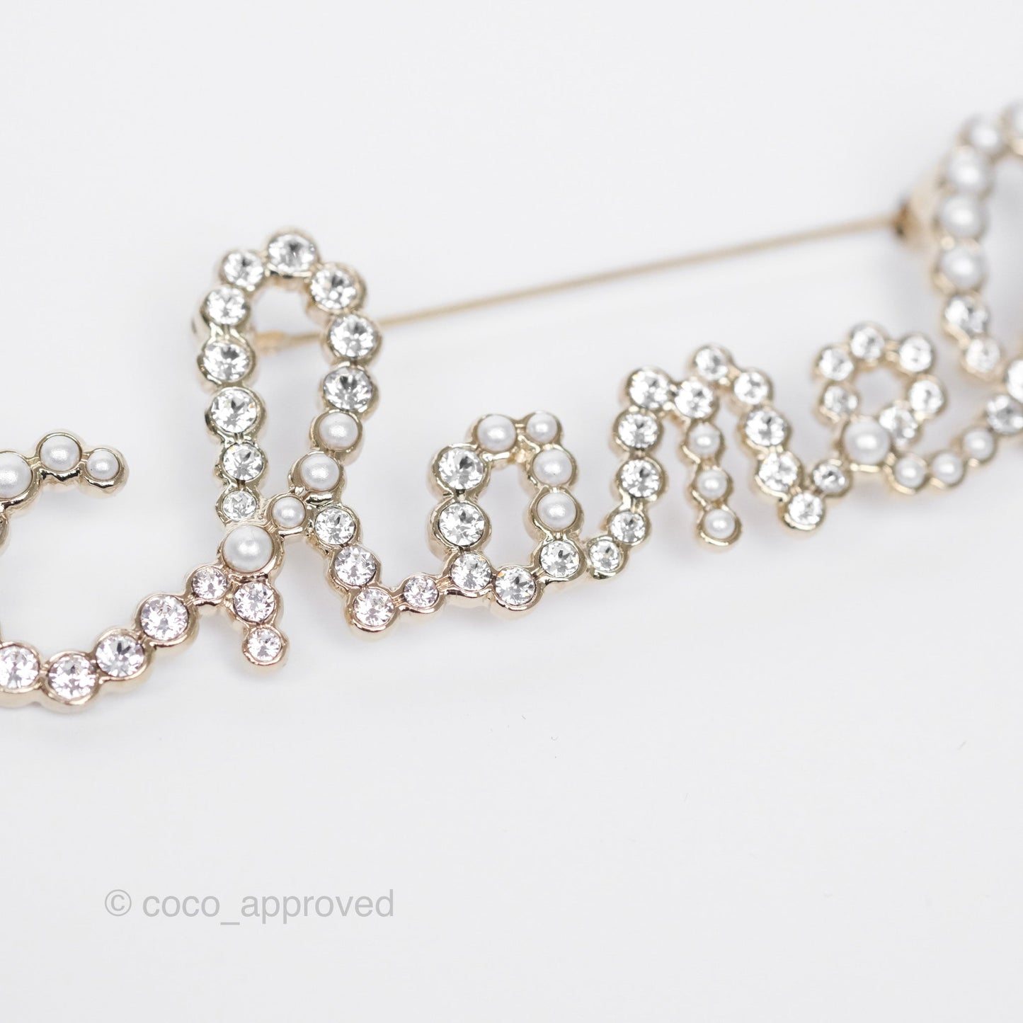 Chanel Logo Pearl Crystal Brooch Gold Tone 20V