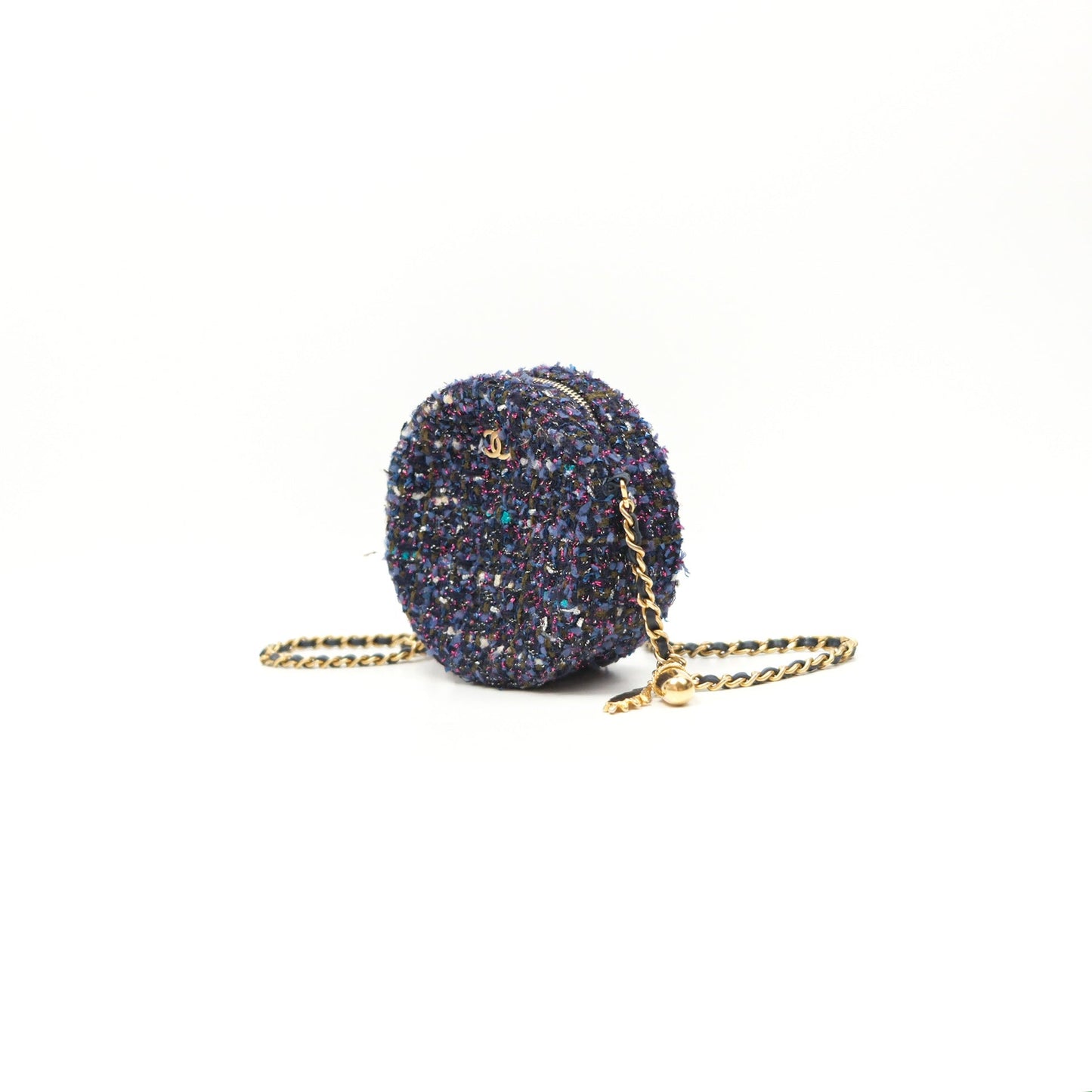 Chanel Classic Quilted Round Clutch With Chain Navy Tweed Gold Hardware