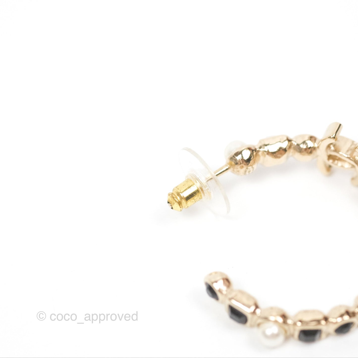Chanel CC Pearl Black Rhinestone Hoop Earrings Gold Tone 23V