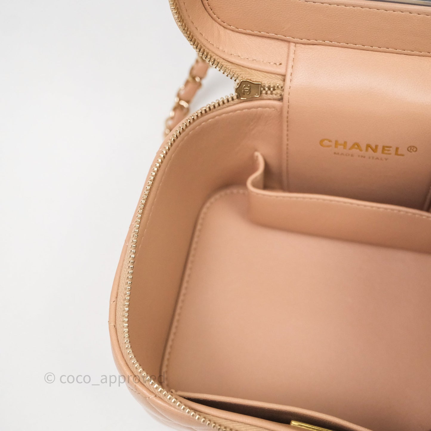 Chanel Top Handle Vanity With Chain Beige Lambskin Aged Gold Hardware