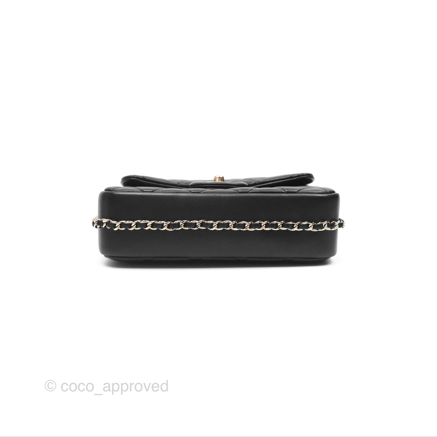Chanel Logo Pearl Chain Flap Bag Black Lambskin Gold Hardware
