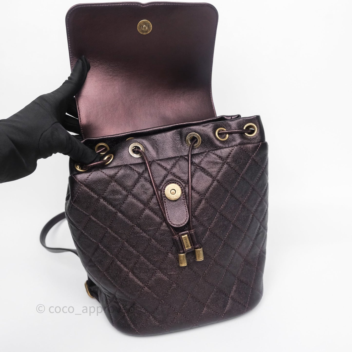 Chanel Quilted Filigree Backpack Iridescent Burgundy Caviar Aged Gold Hardware