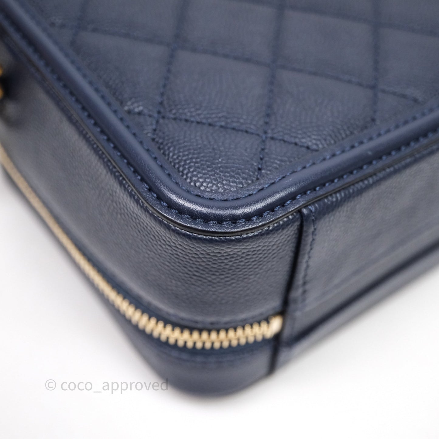 Chanel Quilted Small CC Filigree Vanity Case Navy Caviar Gold Hardware