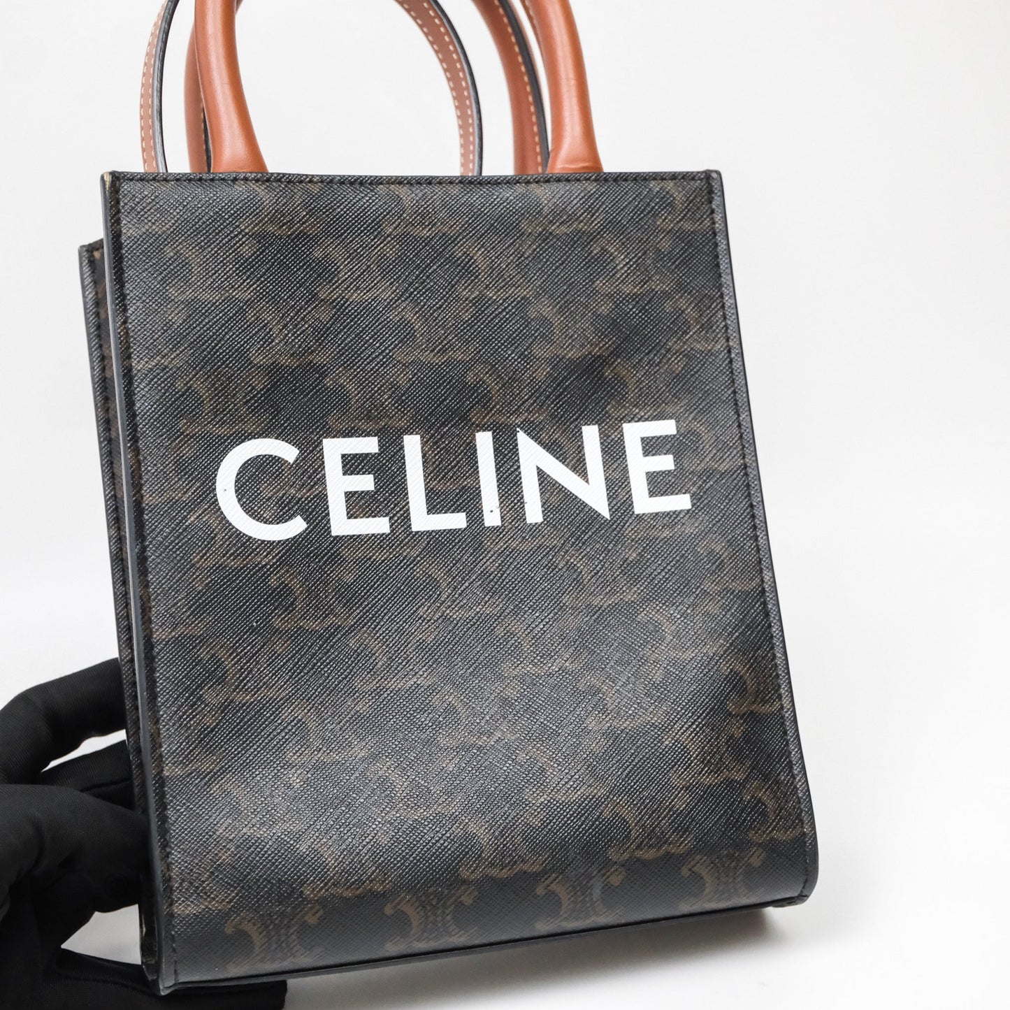 Celine Mini Vertical Cabas Bag Triomphe Canvas Tan Calfskin