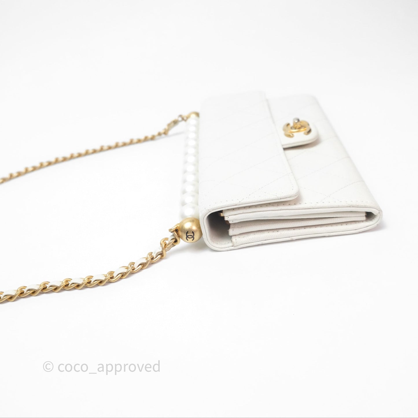 Chanel Quilted Mini Chic Pearls Flap Wallet On Chain WOC White Goatskin Aged Gold Hardware