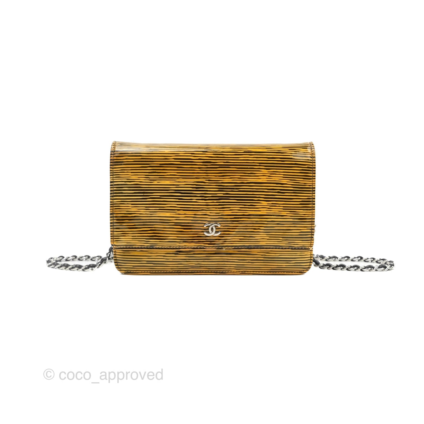 Chanel Wallet on Chain Yellow Black Striped Patent Silver Hardware