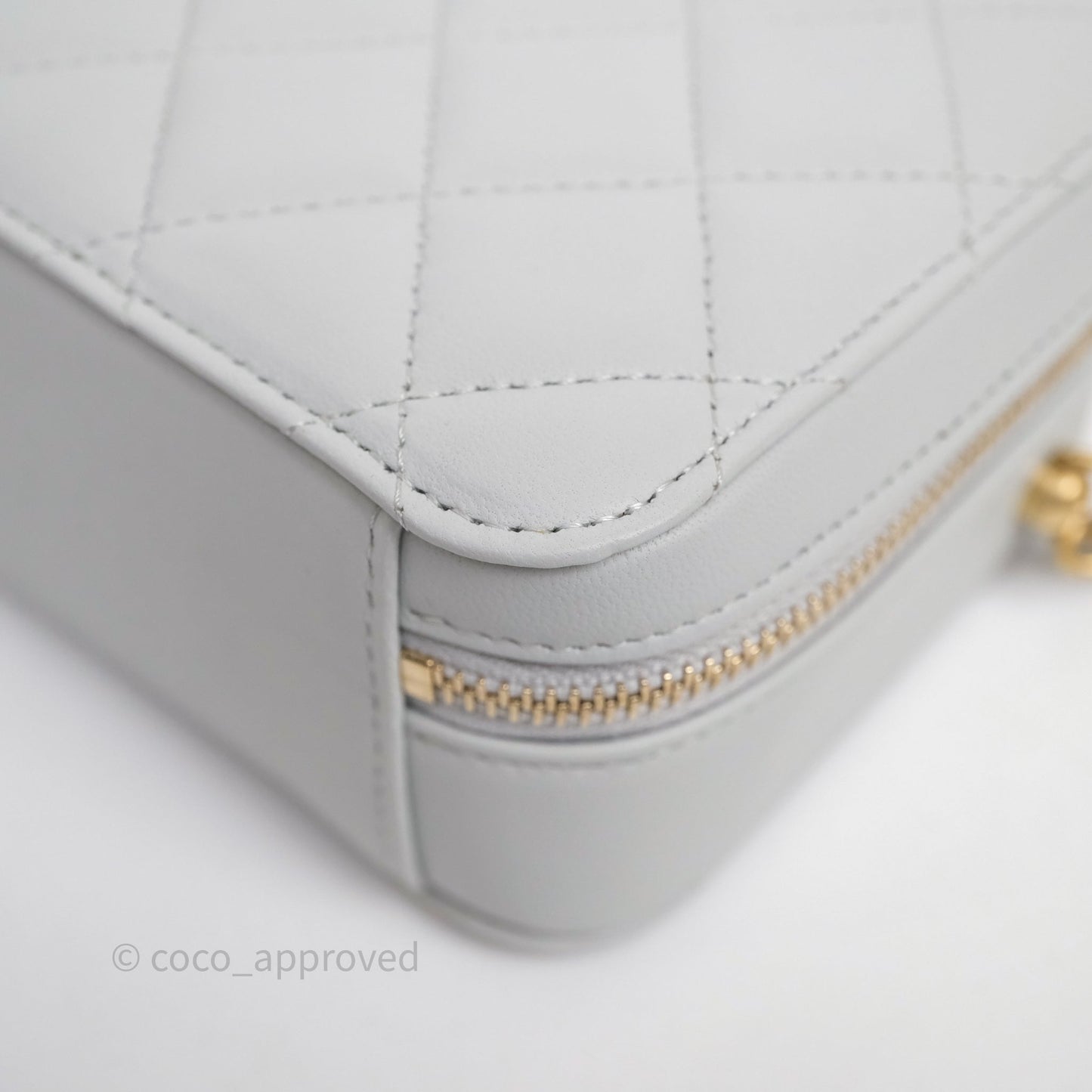 Chanel Quilted CC Pearl Crush Camera Case Light Blue Grey Lambskin Aged Gold Hardware