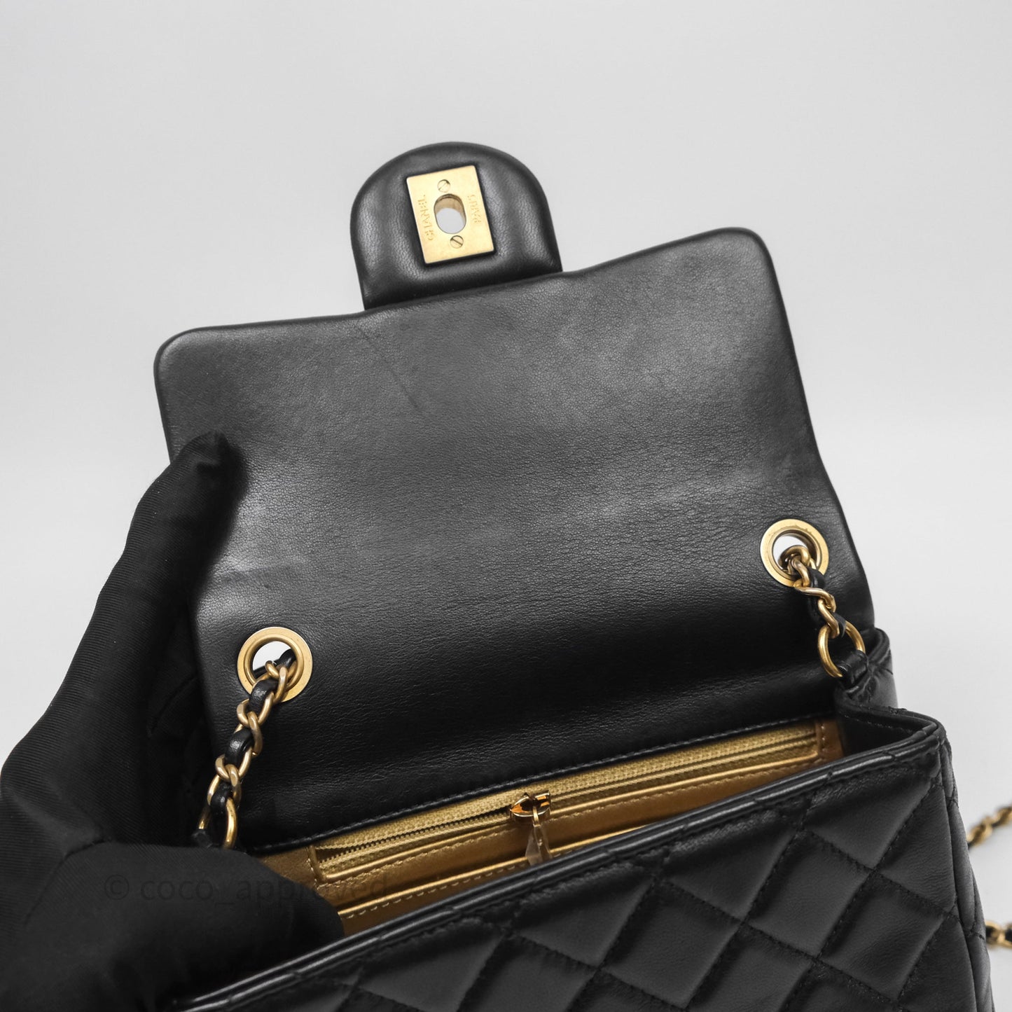 Chanel Pearl Crush Mini Square Quilted Black Lambskin Aged Gold Hardware