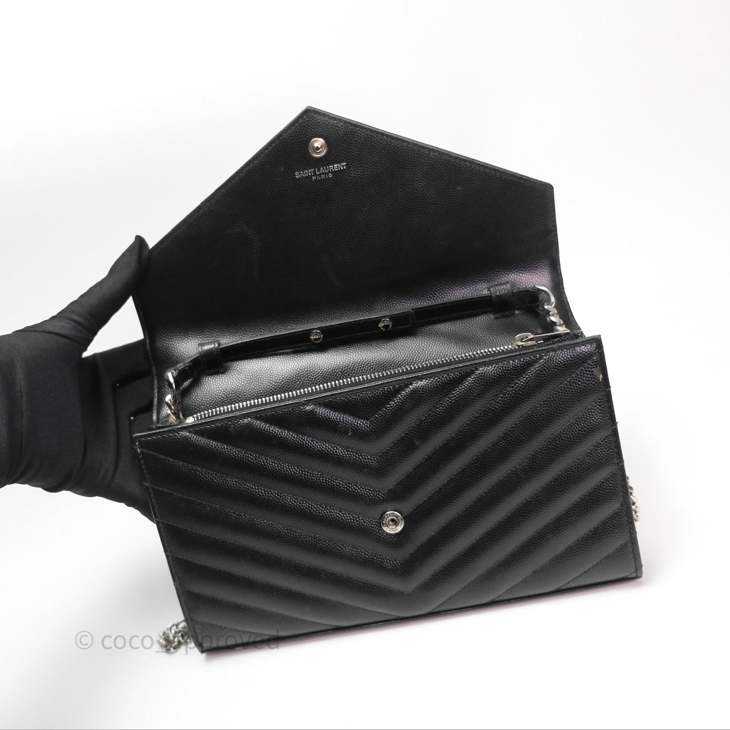 Saint Laurent Wallet on Chain WOC Black Grained Leather Sliver Hardware