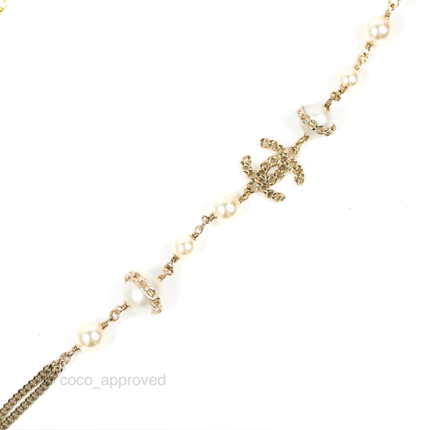 Chanel CC Pearl Chain Long Necklace Gold Tone 16B